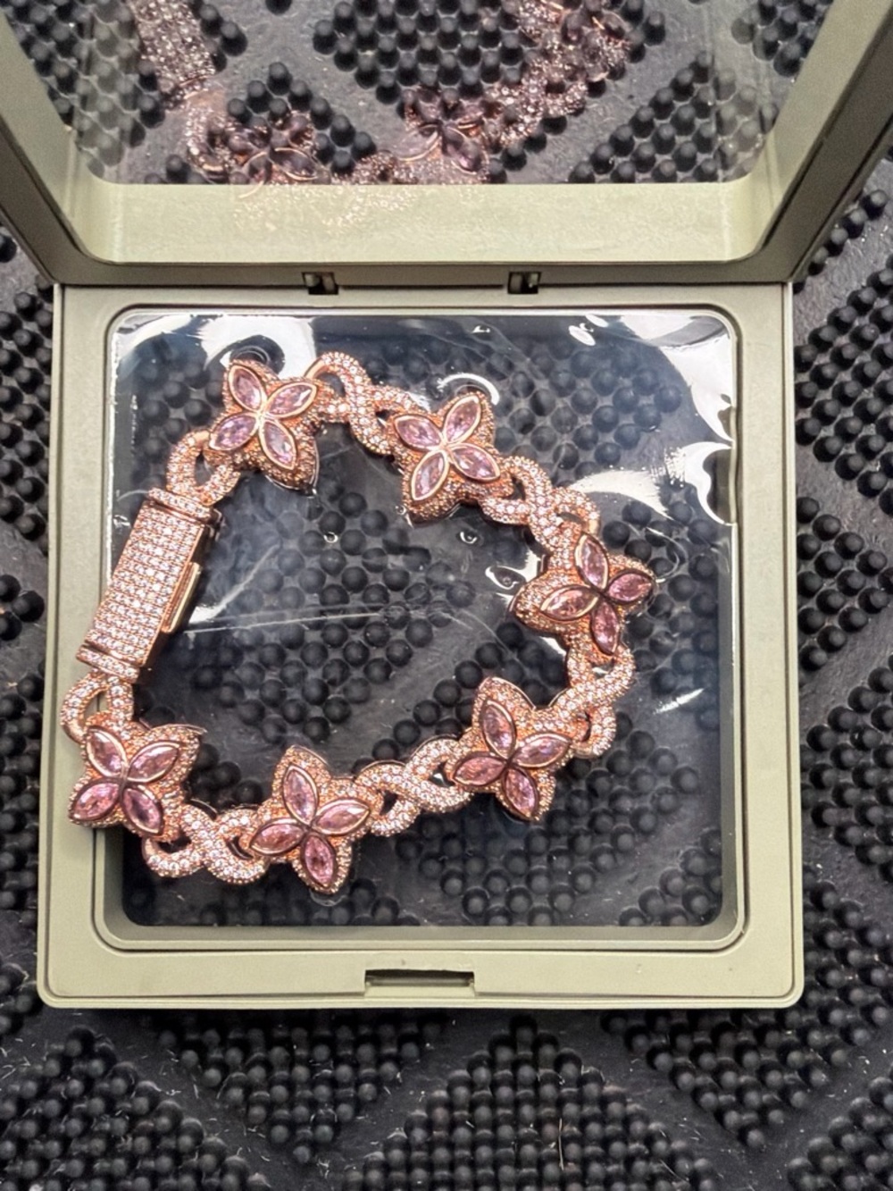 Rose Gold Floral Link Bracelet with Pink Stones